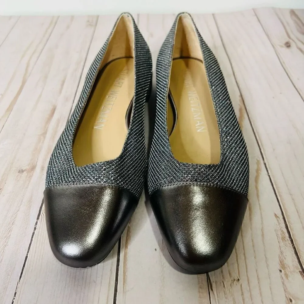 Stuart Weitzman Sleek Flat Gunmetal Silver Pewter Sparkle Glitter Flats NEW! Sz